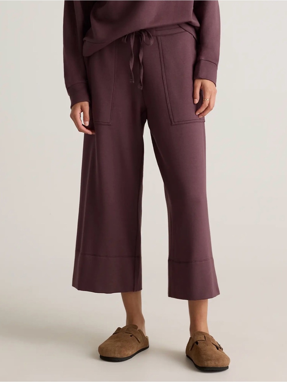 Quince SuperSoft Fleece Cropped Wide-Leg Drawstring Sweatpants in Dried Fig